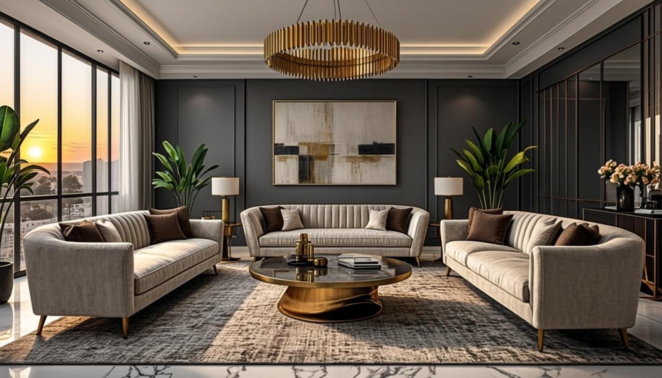 Modern luxury living room interior design in Lahore by ILHAN'S Interior's with warm golden-hour lighting
